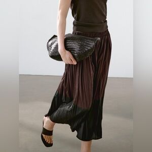 Massimo Dutti Long flowing pleated Ombre Broomstick Skirt | Brown & Black S NWT